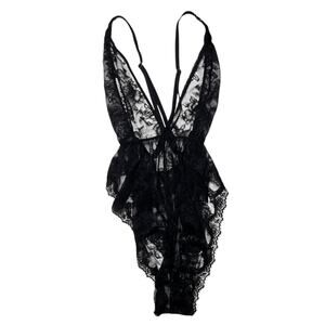 Victoria's Secret Rose Lace Plunge Flutter Romper Teddy Black Size Small